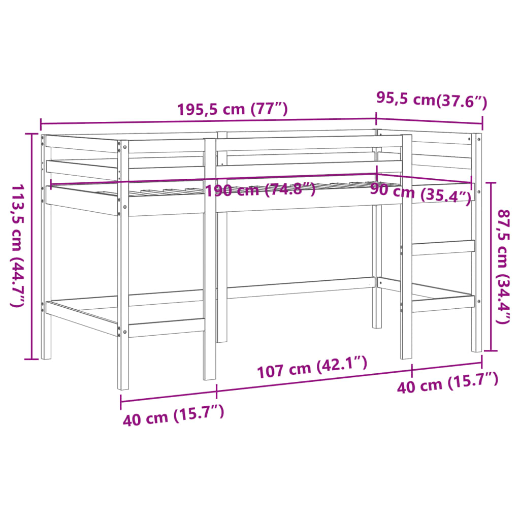Kids' Loft Bed without Mattress with Ladder Wax Brown 90x190 cm Single
