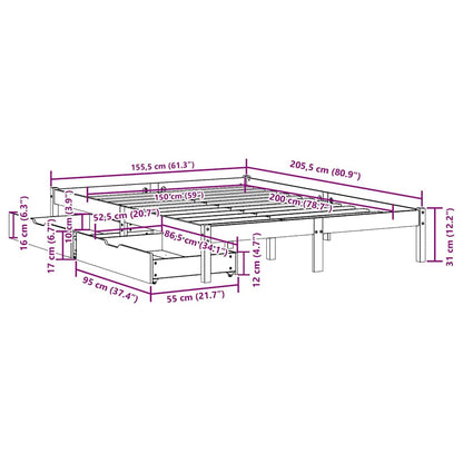 Bed Frame without Mattress White 150x200 cm King Size Solid Wood Pine