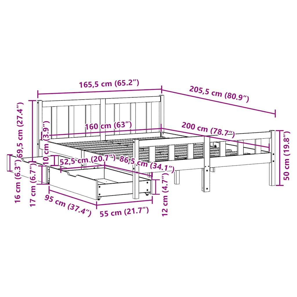 Bed Frame without Mattress White 160x200 cm Solid Wood Pine