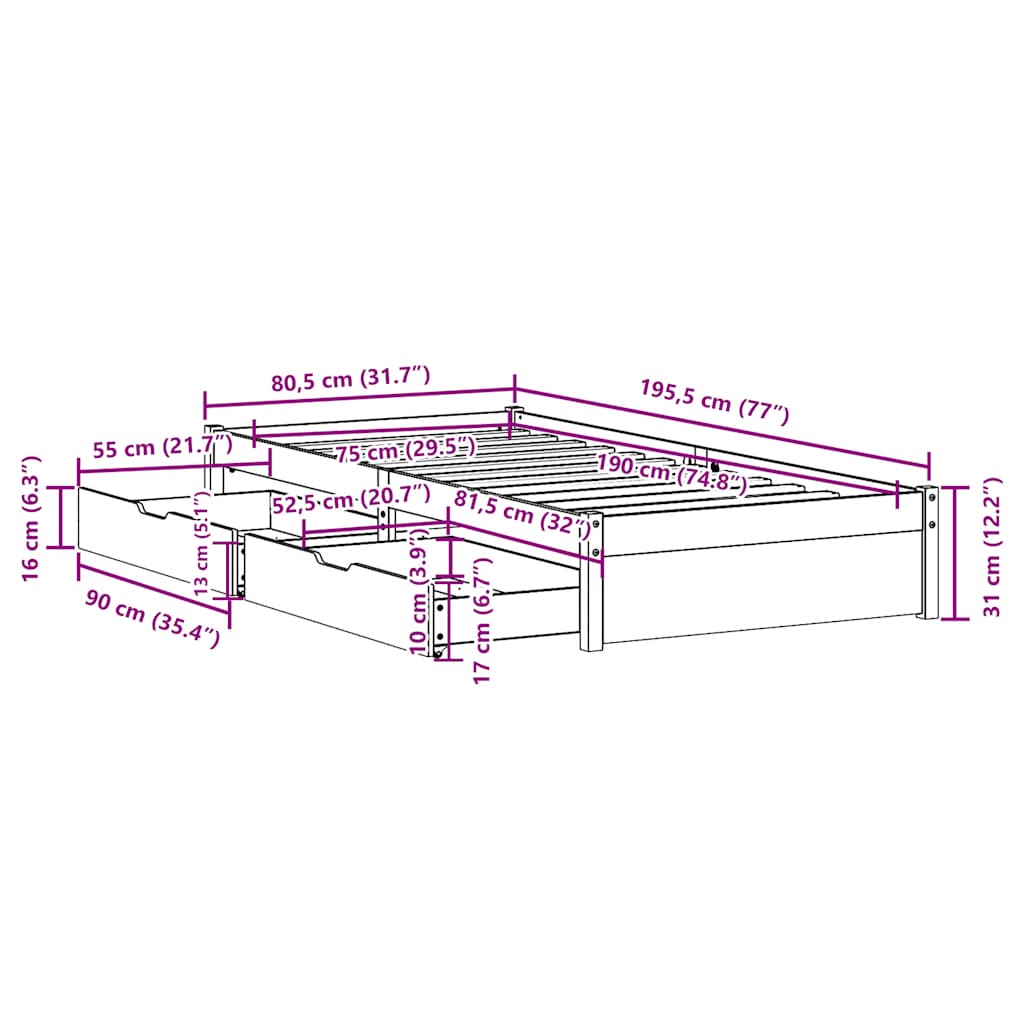Bed Frame without Mattress White 75x190 cm Small Single Solid Wood Pine