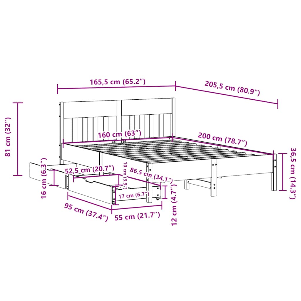 Bed Frame without Mattress White 160x200 cm Solid Wood Pine