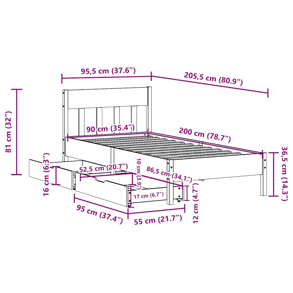 Bed Frame without Mattress White 90x200 cm Solid Wood Pine