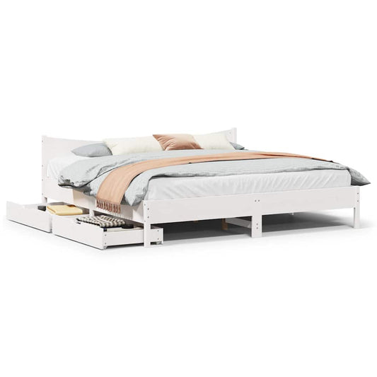 Bed Frame with Drawers White 180x200 cm Super King Solid Wood Pine
