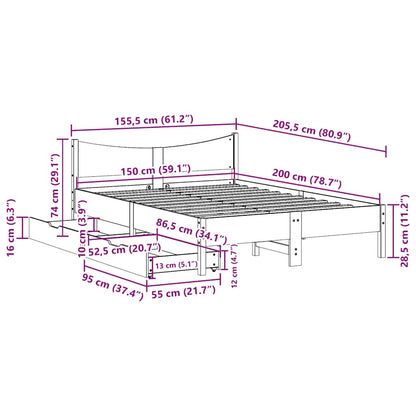 Bed Frame with Drawers White 150x200 cm King Size Solid Wood Pine