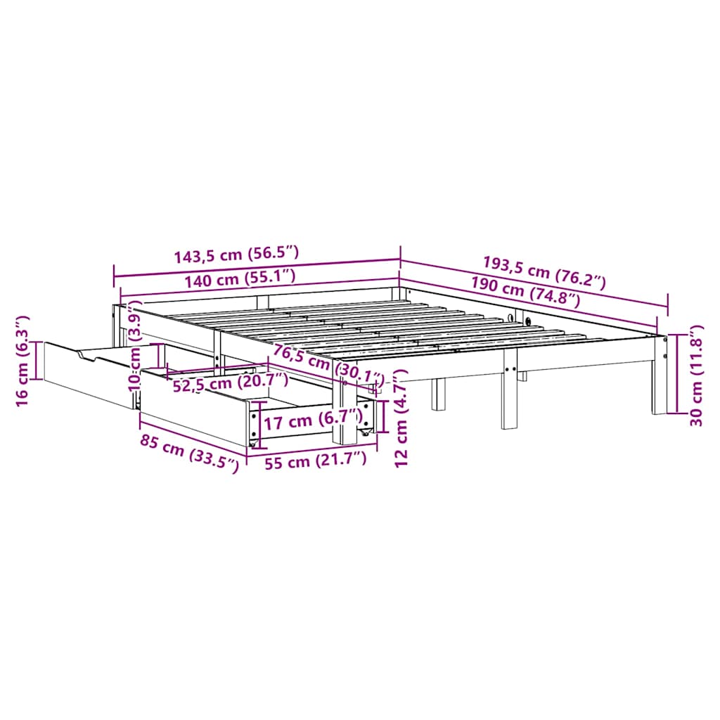 Bed Frame with Drawers without Mattress 140x190 cm