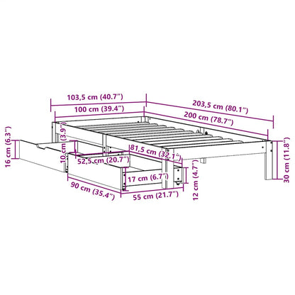 Bed Frame with Drawers without Mattress White 100x200 cm