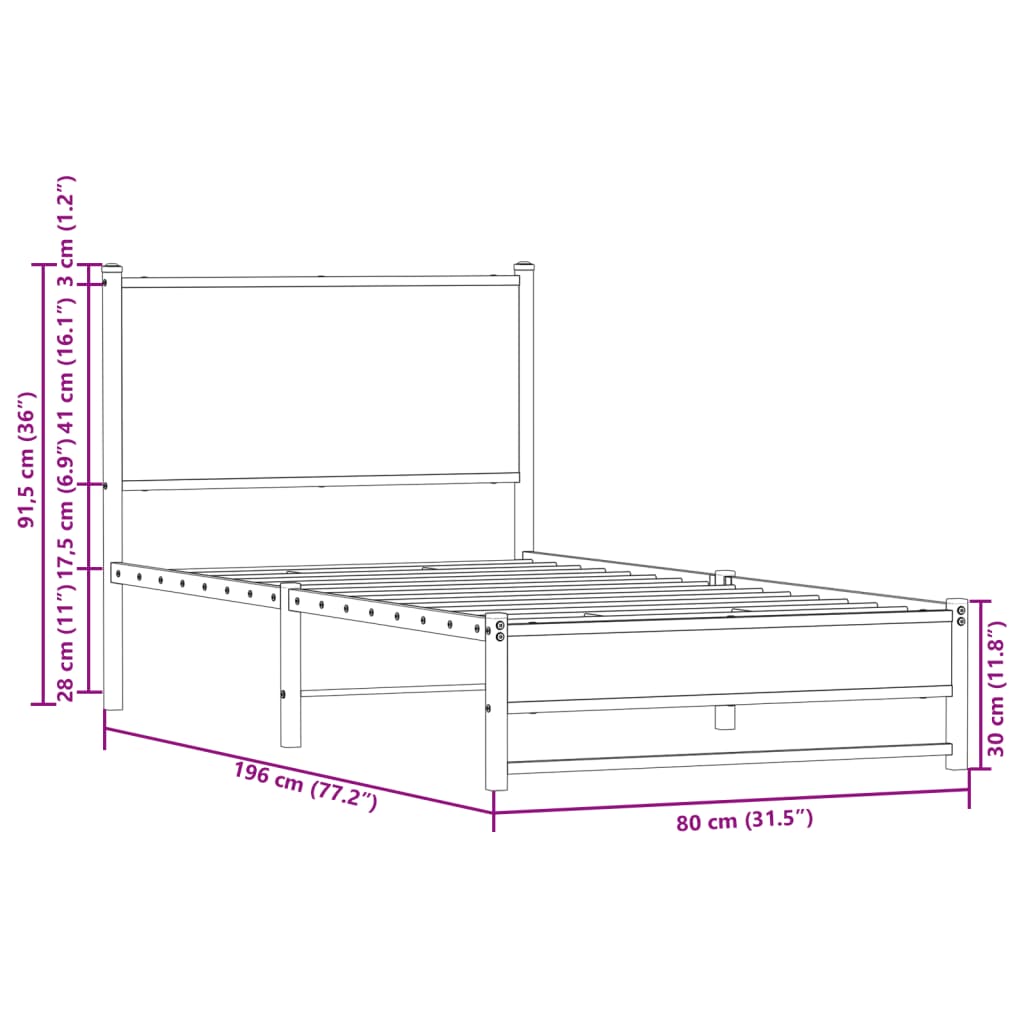 Metal Bed Frame without Mattress Sonoma Oak 75x190 cm Small Single