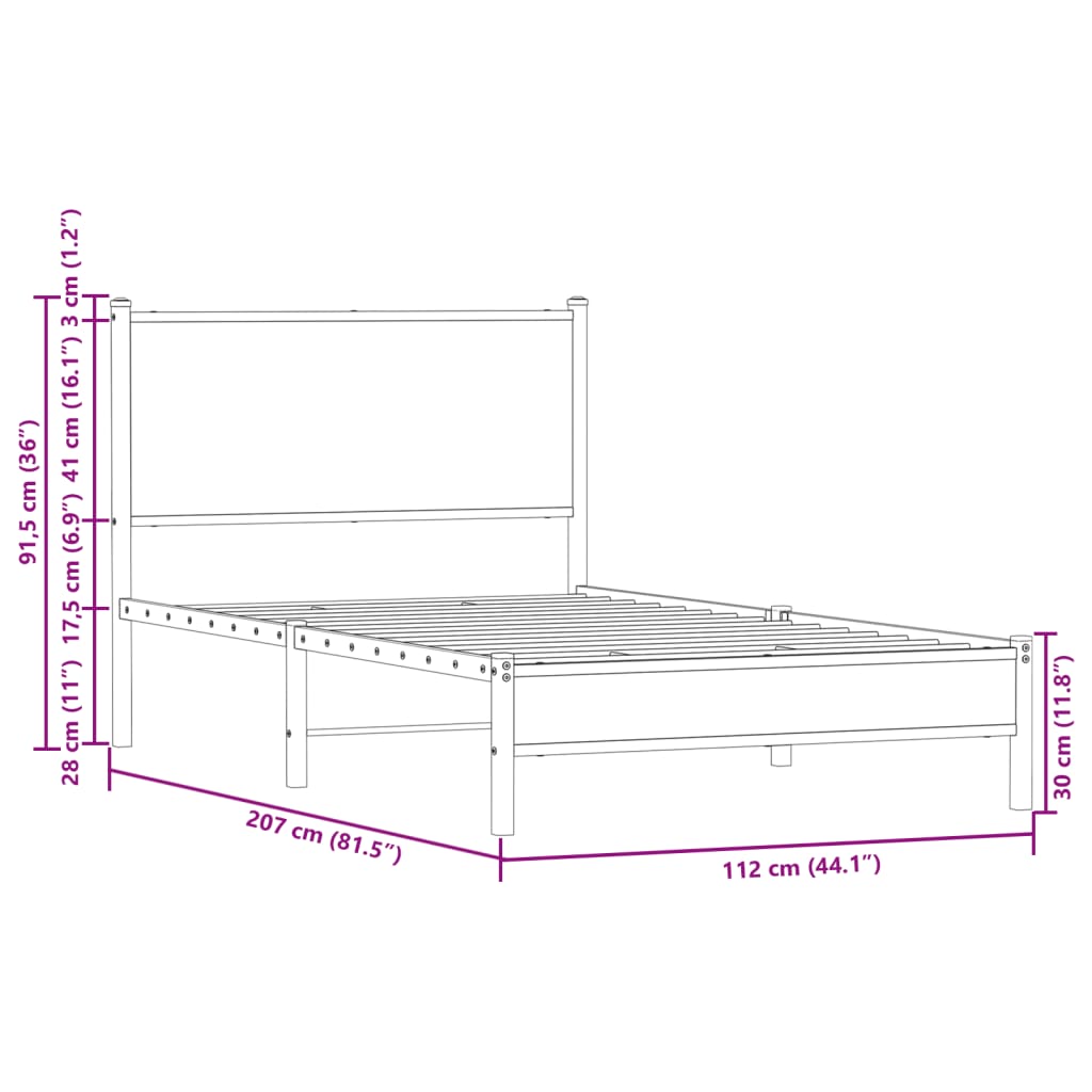 Metal Bed Frame without Mattress Brown Oak 107x203 cm