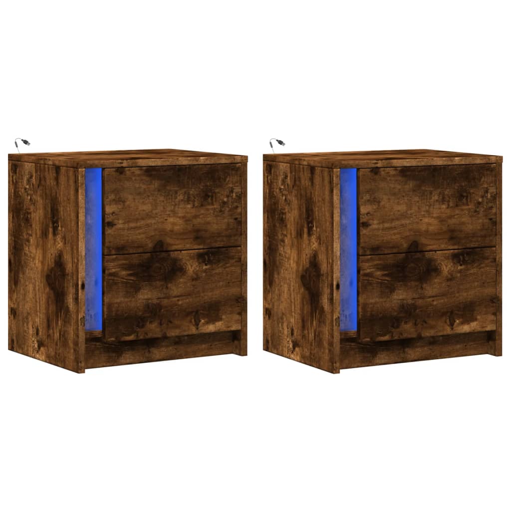 Bedside Cabinets with LED Lights 2 pcs Smoked Oak Engineered Wood