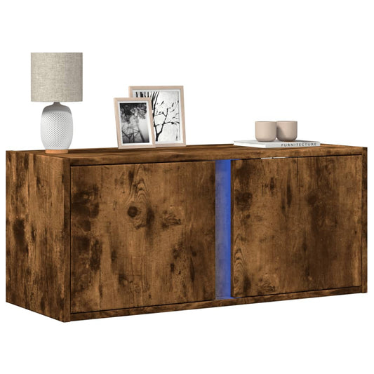 TV Wall Cabinet with LED Lights Smoked Oak 80x31x35 cm