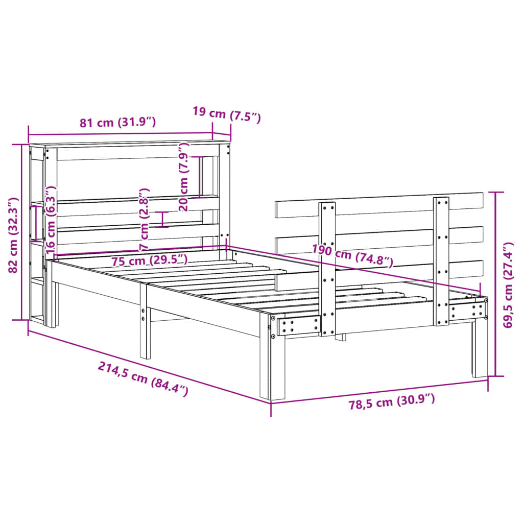 Bed Frame with Headboard without Mattress 75x190 cm Small Single