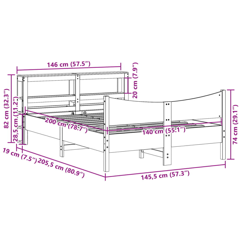 Bed Frame with Headboard 140x200 cm Solid Wood Pine