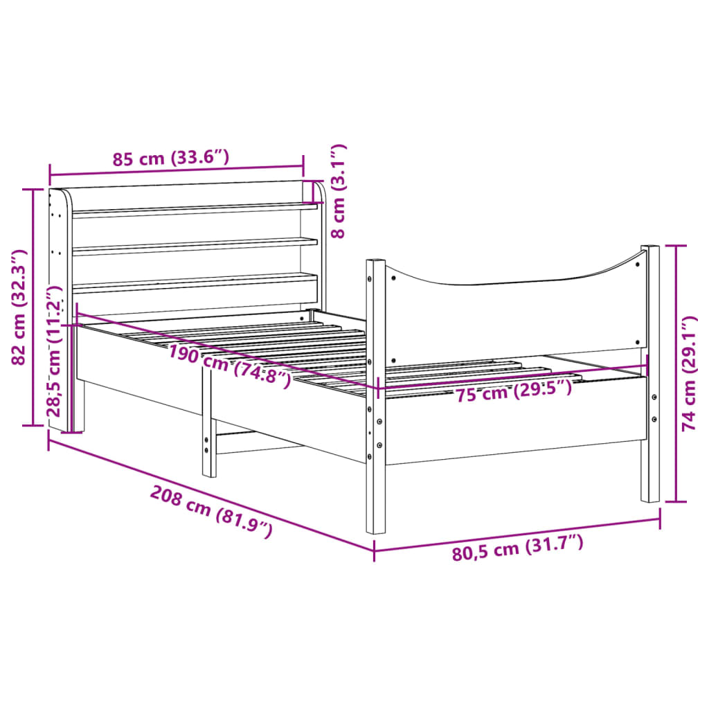 Bed Frame with Headboard Wax Brown 75x190 cm Small Single Solid Wood Pine