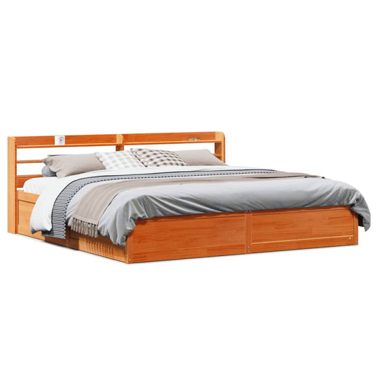 Bed Frame with Headboard Wax Brown 200x200 cm Solid Wood Pine