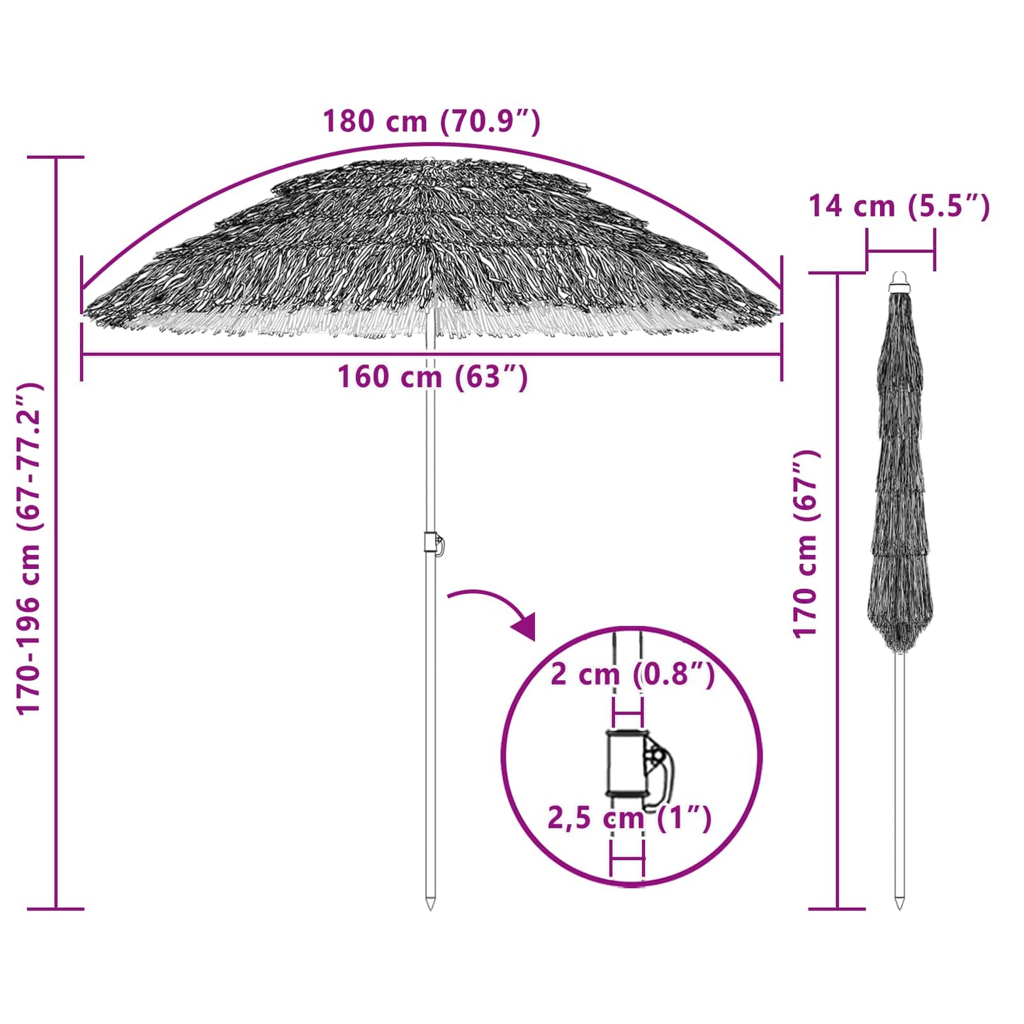 Beach Parasol Brown Ø 160 x 196 cm Steel
