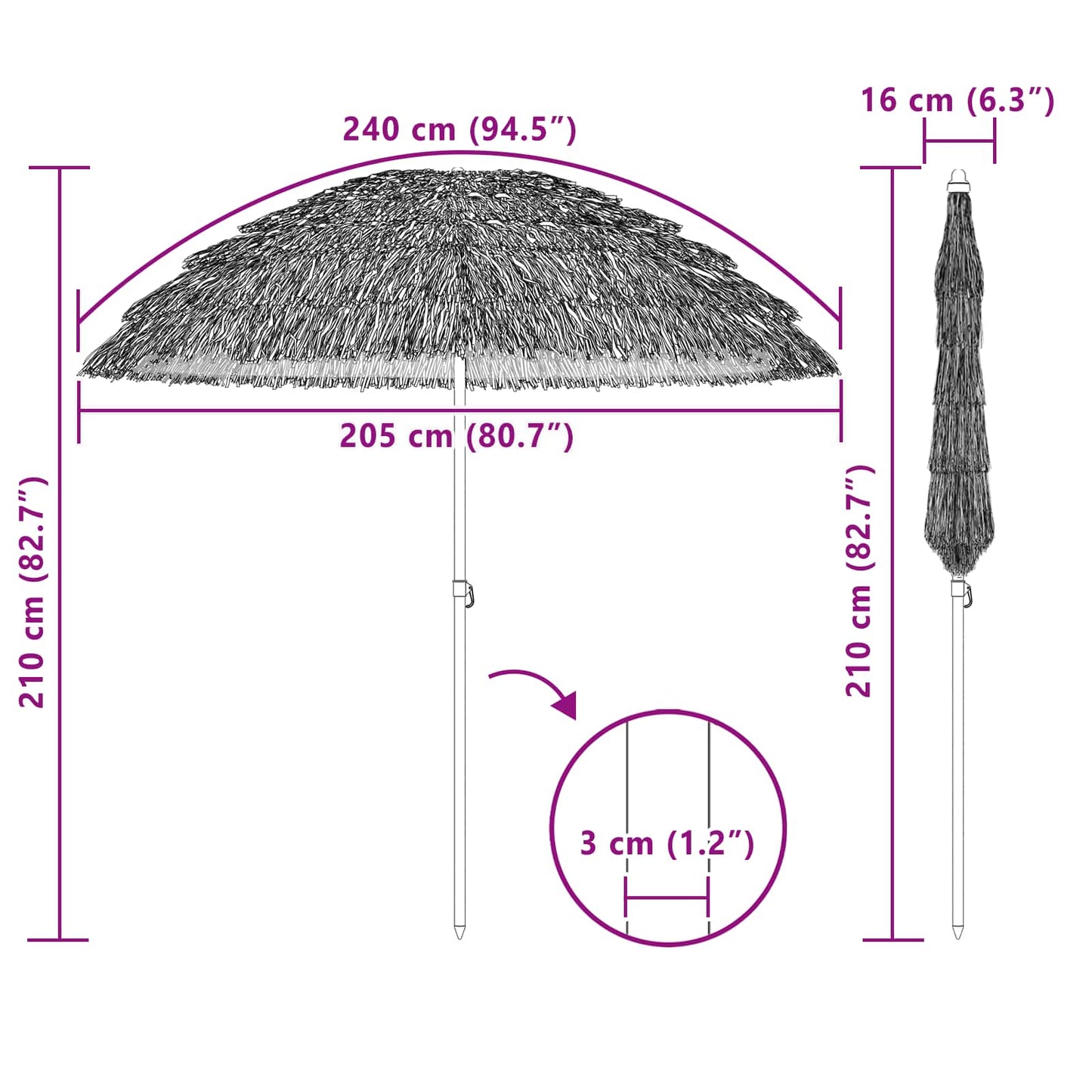 Beach Parasol Brown Ø 206 x 209.5 cm Steel