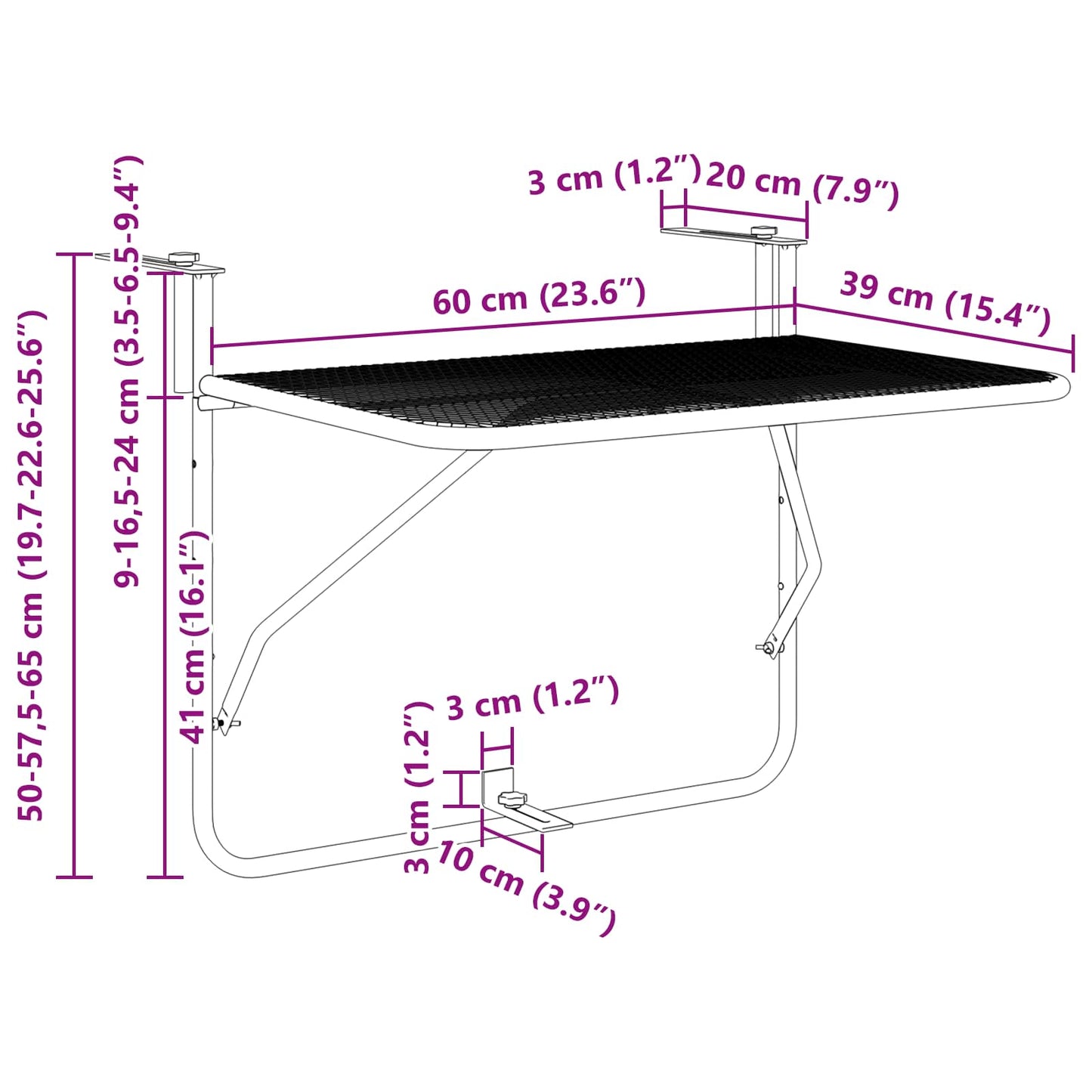 Hanging Balcony Table Folding Mustard 60 x 39 x 65 cm Steel