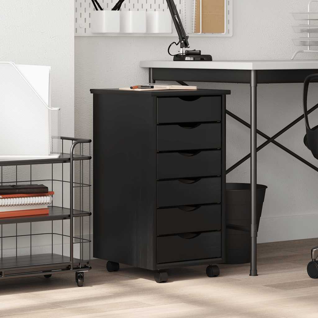 Rolling Cabinet with Drawers MOSS Black Solid Wood Pine