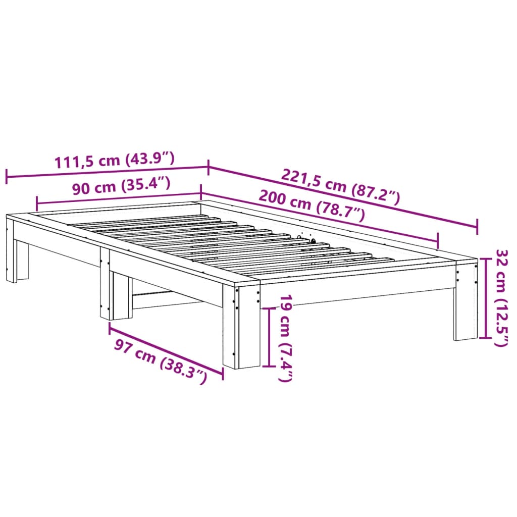 Bed Frame without Mattress White 90x200 cm Solid Wood Pine