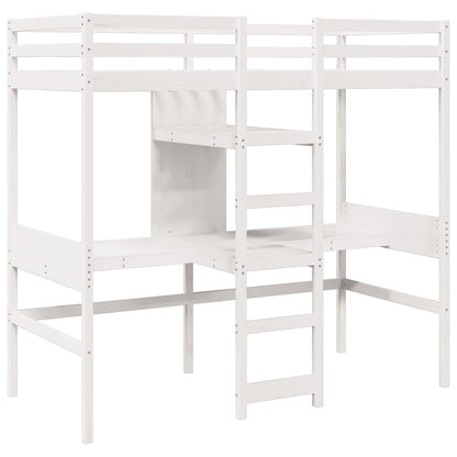 Loft Bed Frame with Desk and Shelves White 90x200cm Solid Wood Pine