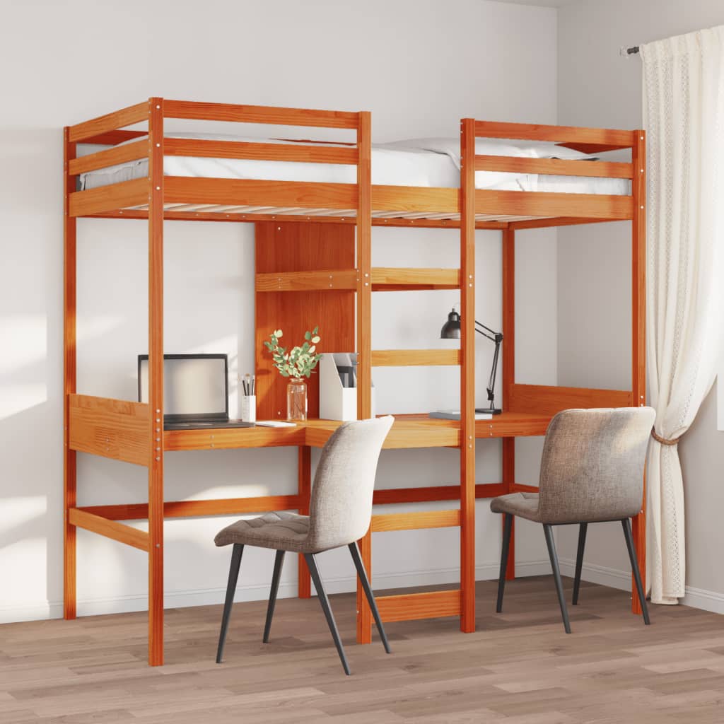 Loft Bed Frame with Desk and Shelves Wax Brown 90x200cm Solid Wood Pine