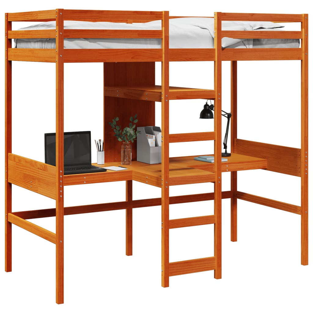 Loft Bed Frame with Desk and Shelves Wax Brown 90x200cm Solid Wood Pine
