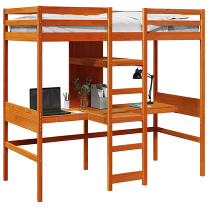 Loft Bed Frame with Desk and Shelves Wax Brown 90x200cm Solid Wood Pine