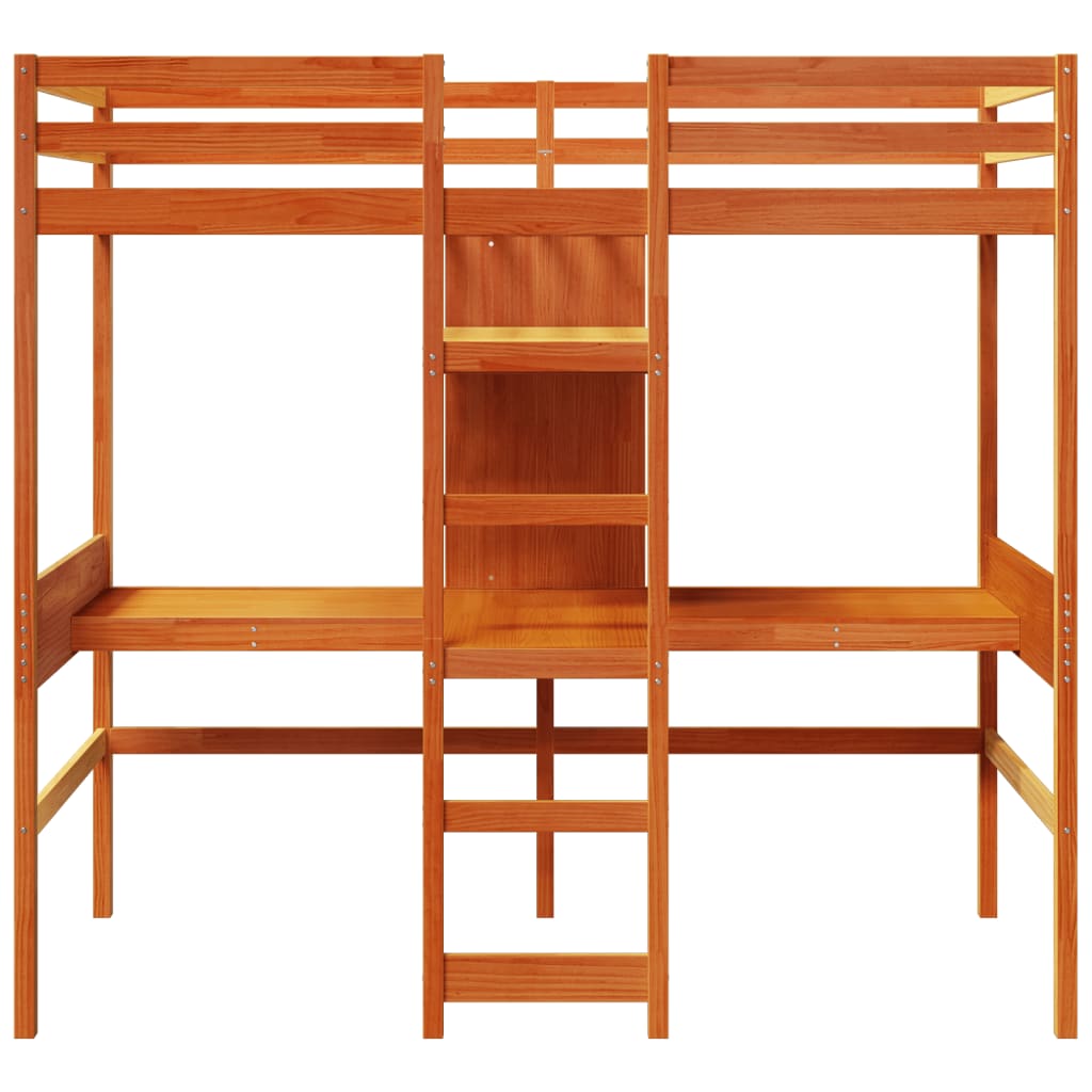 Loft Bed Frame with Desk and Shelves Wax Brown 90x200cm Solid Wood Pine