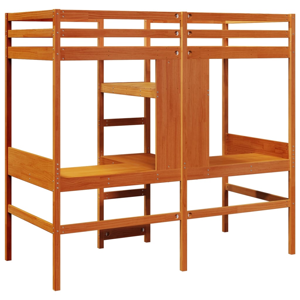 Loft Bed Frame with Desk and Shelves Wax Brown 90x200cm Solid Wood Pine
