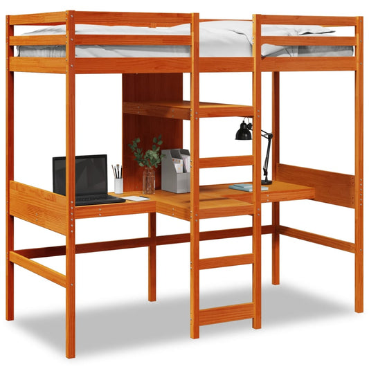 Loft Bed Frame with Desk and Shelves Wax Brown 90x200cm Solid Wood Pine