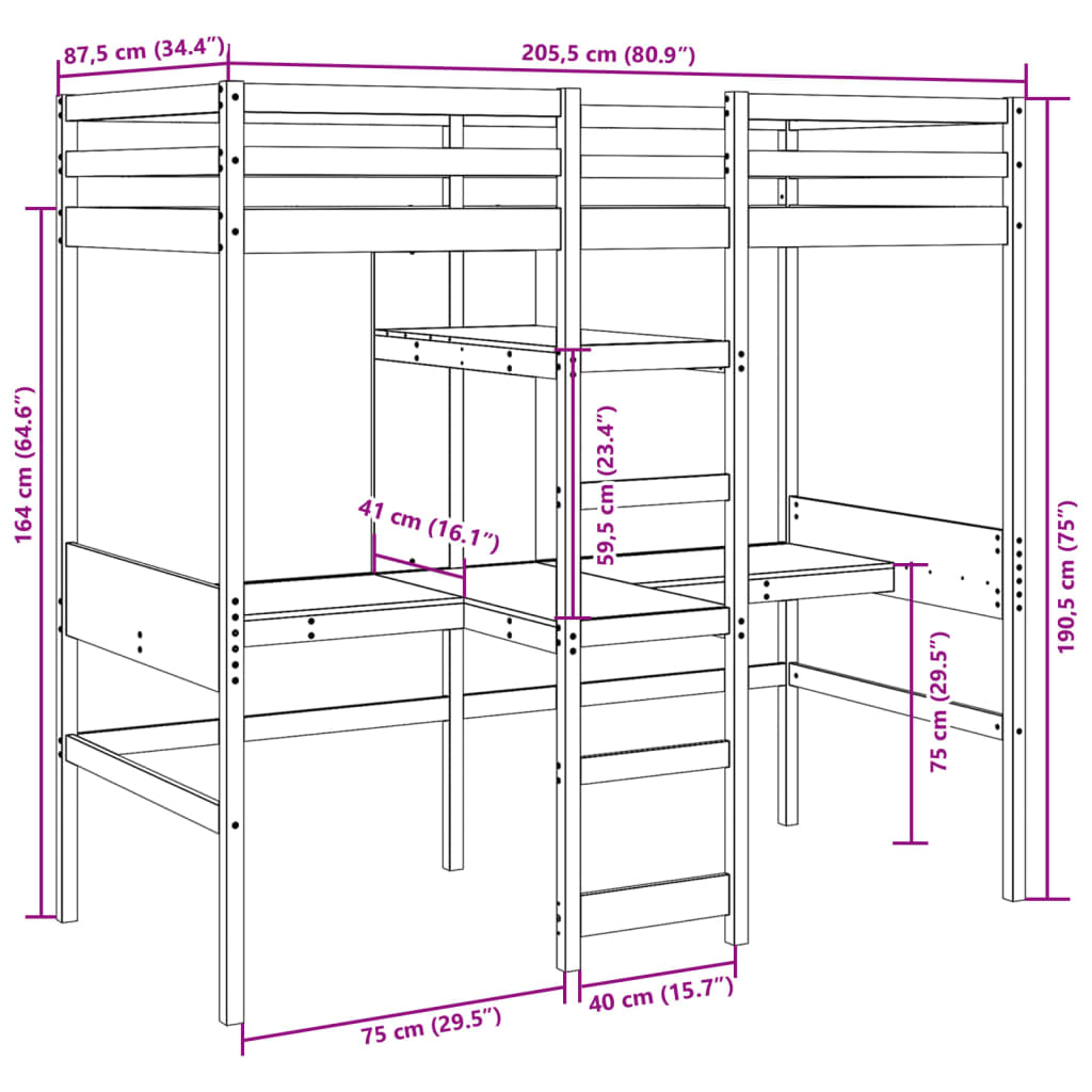 Loft Bed Frame without Mattress Wax Brown 80x200cm Solid Wood Pine