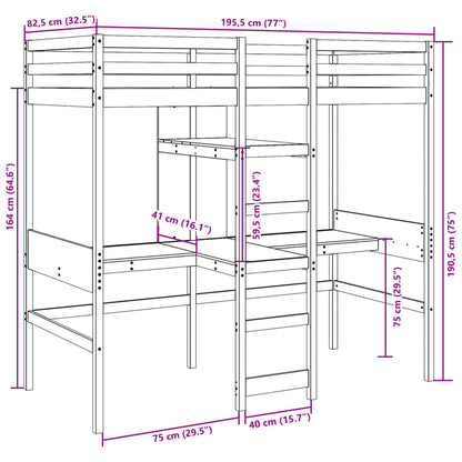 Loft Bed Frame without Mattress Wax Brown 75x190cm Solid Wood Pine