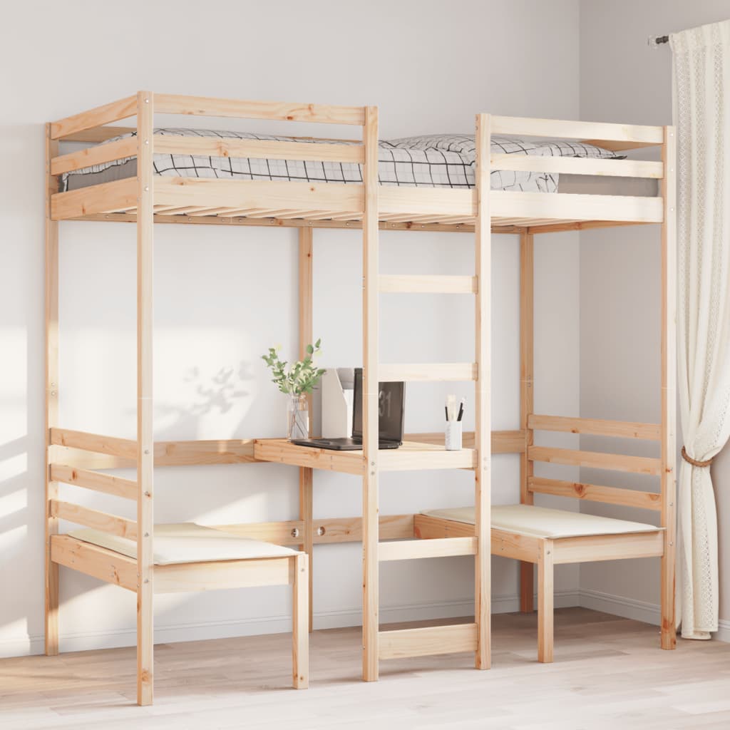 Loft Bed Frame with Desk and Chairs 90x200cm Solid Wood Pine