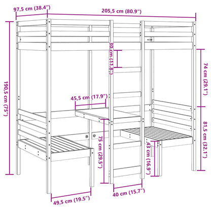 Loft Bed Frame with Desk and Chairs 90x200cm Solid Wood Pine