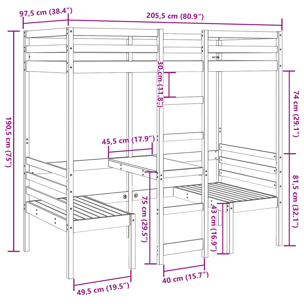 Loft Bed Frame with Desk and Chairs Wax Brown 90x200cm Solid Wood Pine