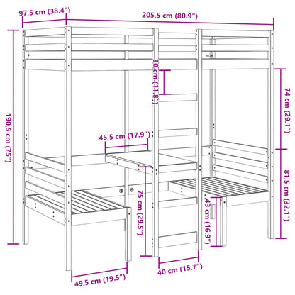 Loft Bed Frame with Desk and Chairs Wax Brown 90x200cm Solid Wood Pine