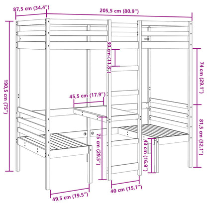 Loft Bed Frame with Desk and Chairs White 80x200cm Solid Wood Pine