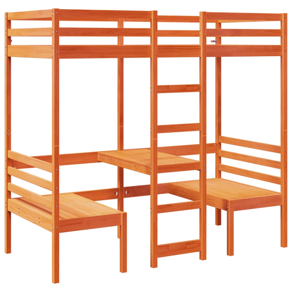 Loft Bed Frame with Desk and Chairs Wax Brown 80x200cm Solid Wood Pine
