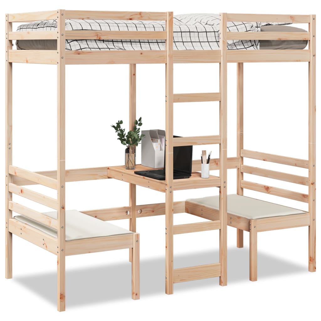 Loft Bed Frame with Desk and Chairs 90x190cm Solid Wood Pine