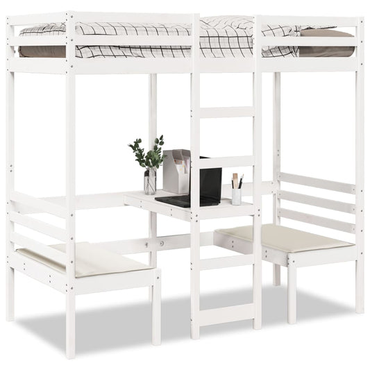 Loft Bed Frame with Desk and Chairs White 90x190cm Solid Wood Pine
