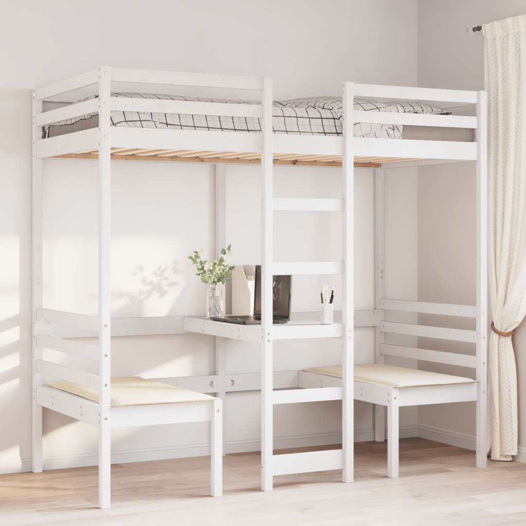 Loft Bed Frame with Desk and Chairs White 75x190cm Solid Wood Pine