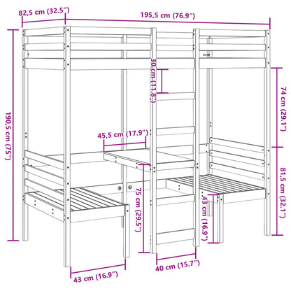 Loft Bed Frame with Desk and Chairs White 75x190cm Solid Wood Pine