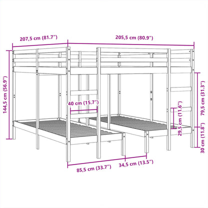 Triple Bunk Bed Frame 200x200/80x200 cm Solid Wood Pine