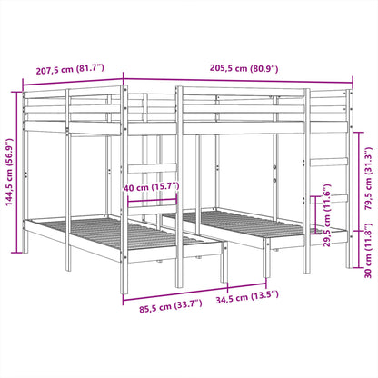 Triple Bunk Bed Frame White 200x200/80x200 cm Solid Wood Pine