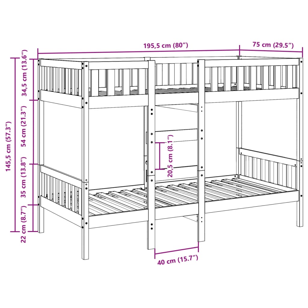 Bunk Bed 75x190 cm Solid Wood Pine