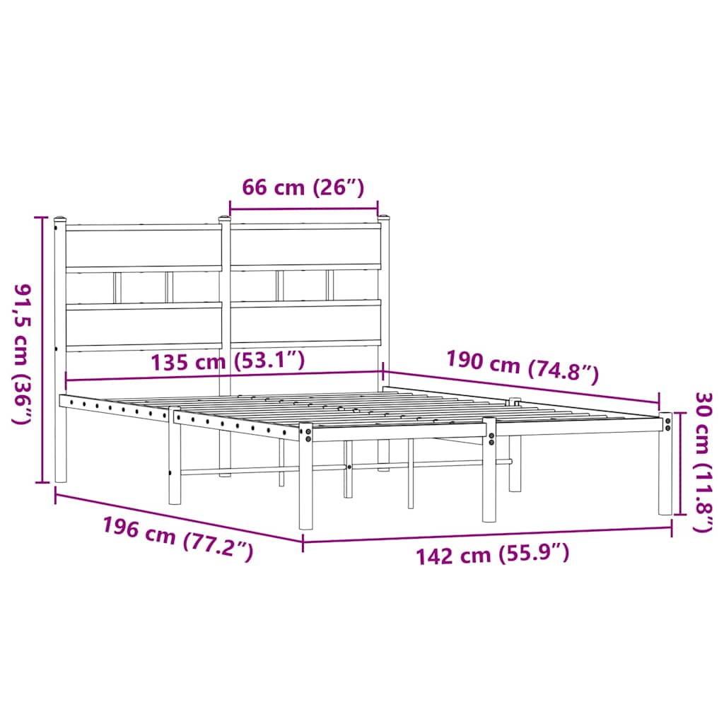 Metal Bed Frame without Mattress Smoked Oak 135x190 cm Double