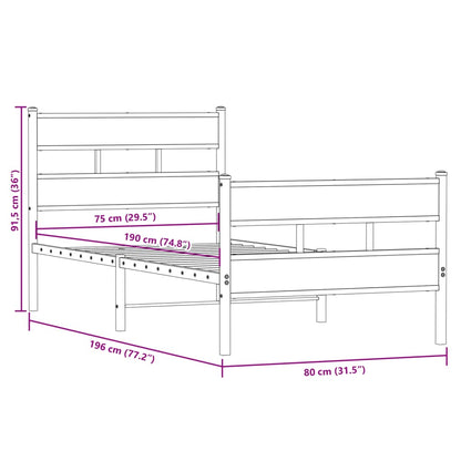 Metal Bed Frame without Mattress Sonoma Oak 75x190 cm Small Single
