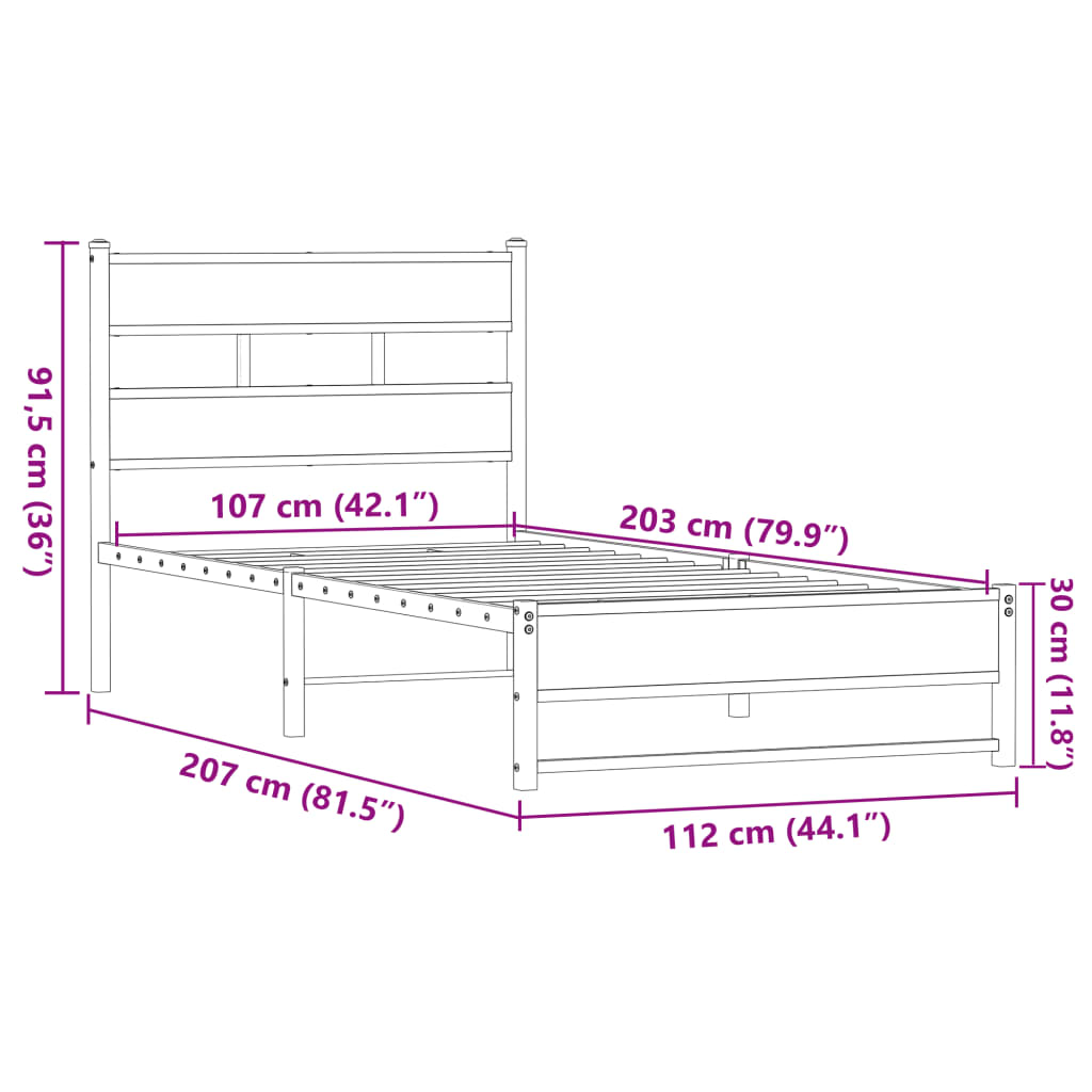 Metal Bed Frame without Mattress Brown Oak 107x203 cm