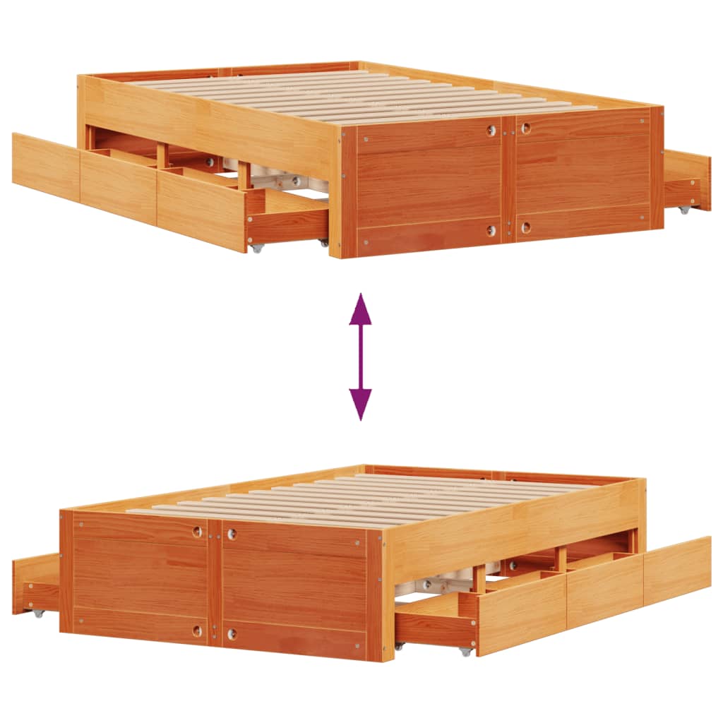 Bed Frame without Mattress with Drawers Wax Brown 120x200 cm Solid Wood Pine