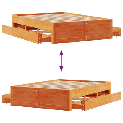 Bed Frame without Mattress with Drawers Wax Brown 140x190 cm Solid Wood Pine